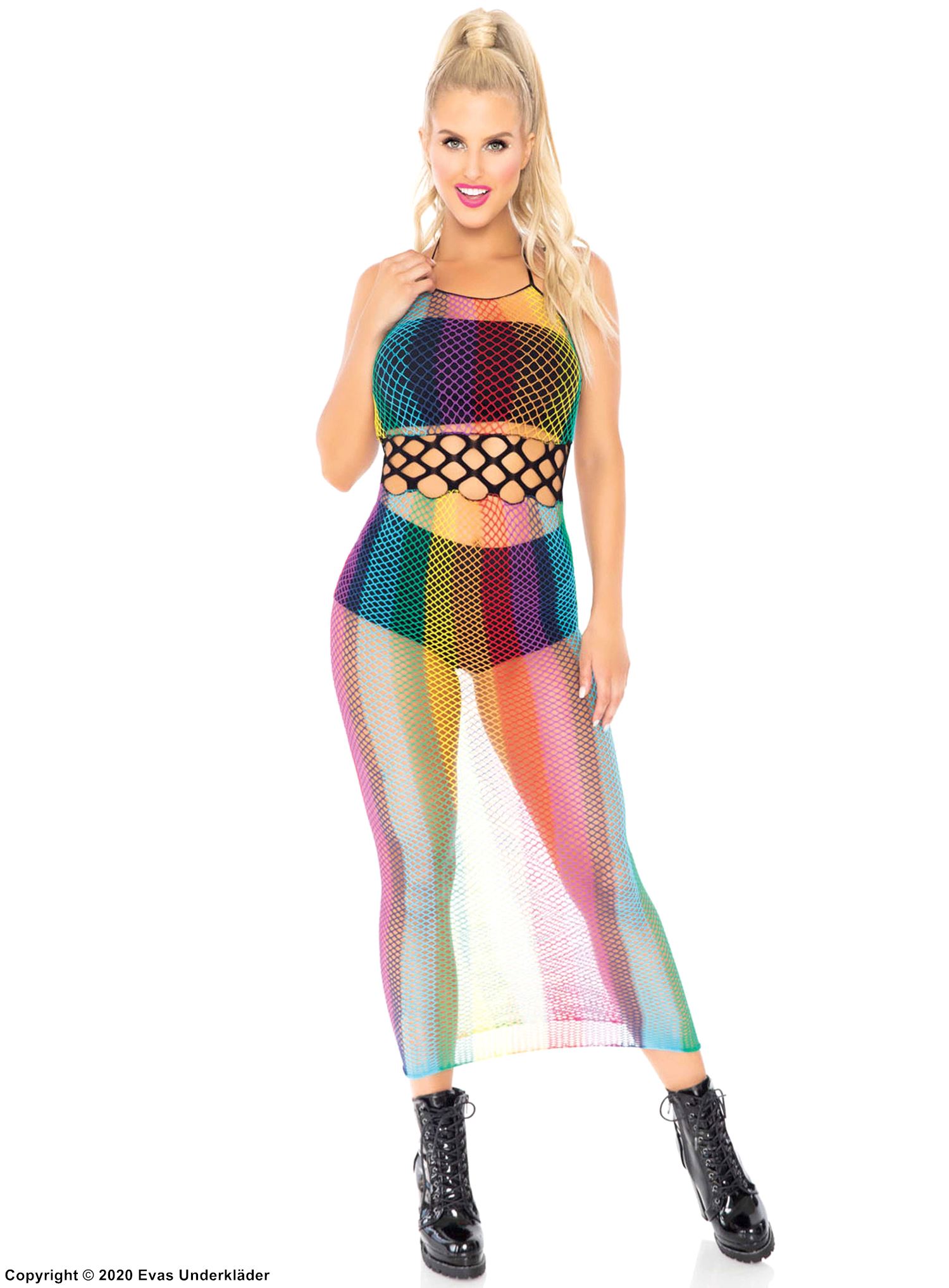 Nattklänning i nät med halterneck, regnbågsfärg